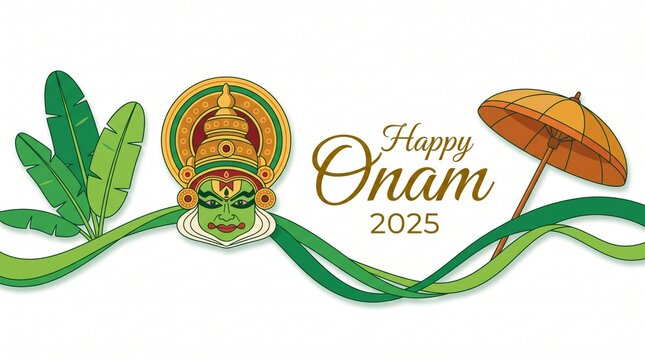 Happy onam 2025 greeting card design line art illustration festival background kathakali mask umbrella banana plant minimalist vector art