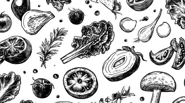 Hand drawn illustration pattern featuring fresh vegetables and herbs.