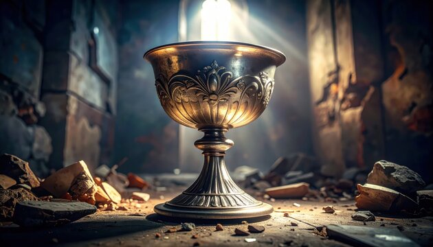 Ancient ornate golden chalice resting on debris in a dimly lit ruined chamber with dramatic light rays