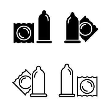 Set of condom icons with wrapper packaging. Medical contraception safety symbols for safe sex and health protection. Prevention of sexually transmitted infection and birth control concept vector.
