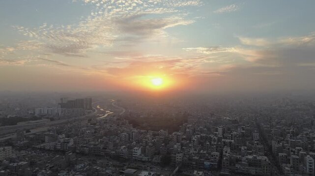 Sunset over the city, drone video of Karachi karachi 