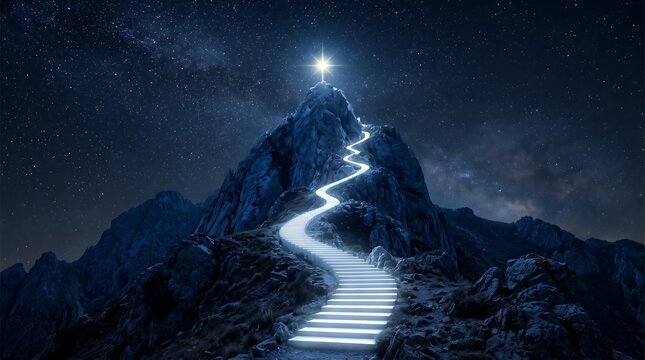 Glowing staircase leading to bright star atop rugged mountain peak at night under clear starry sky 3D render representing success and spiritual journey toward reaching ultimate goals