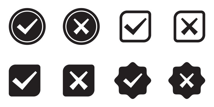 Set green approval check mark and red cross icons in circle and square, checklist signs, checkmark approval badge, isolated tick symbols. Check box icon with right and wrong buttons and yes or no icon