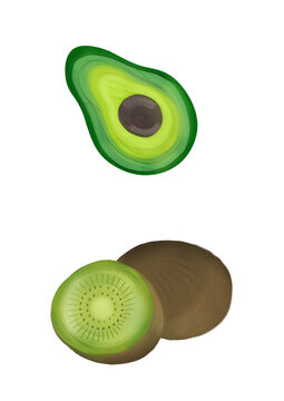 Healthy superfood organic fruits avocado and kiwi digital painting design