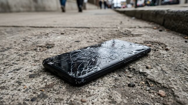 Damaged smartphone with shattered screen lying on rough asphalt city sidewalk ground.