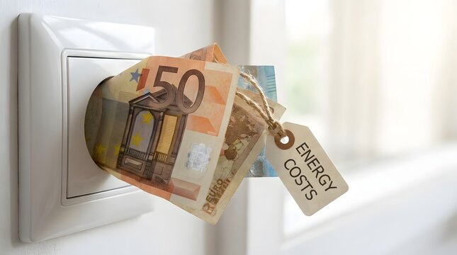 Fifty euro banknote inserted into power outlet representing rising energy costs.