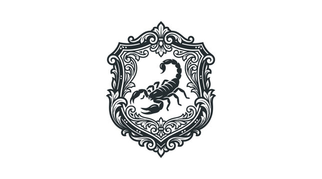 Detailed heraldic shield featuring central scorpion sting symbol.
