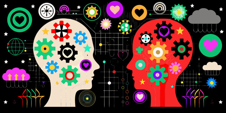 Human head silhouettes with gears and floral elements vector illustration