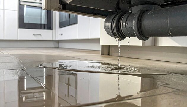 "Leaking PVC pipe under sink with puddle"