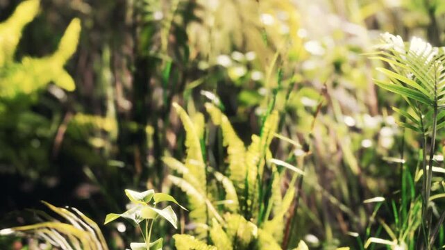 Green ferns and various plants spread across the ground in a dense area. Sunlight filters through the leaves, highlighting the details of the plants in a natural setting.