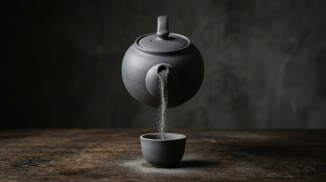 Dark teapot pours sand into cup symbolizing water scarcity and urgent need to conserve precious resources in dry environment
