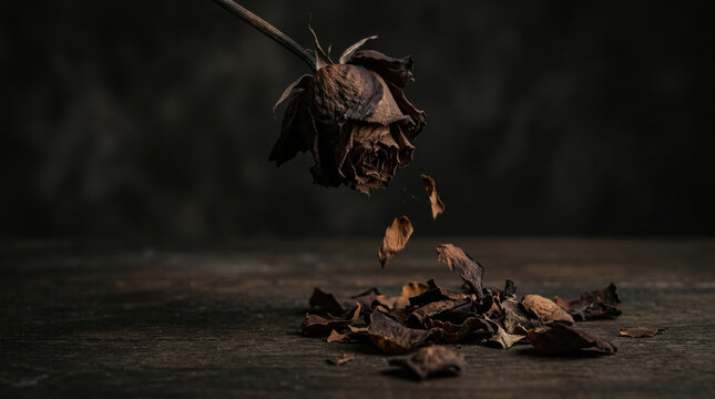 Dried rose with falling petals on wooden surface symbolizing water scarcity and impact of drought on nature and life