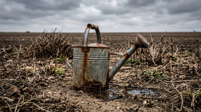 Rusty watering can on dry cracked soil with dead plants under cloudy sky symbolizing water scarcity and drought in agriculture