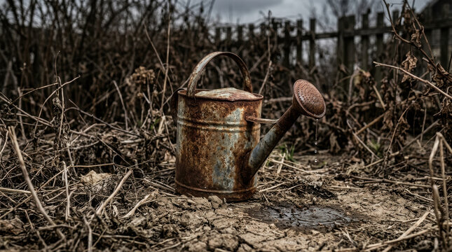 Rusty watering can dry soil drought water scarcity dry plant garden fence outdoor nature
