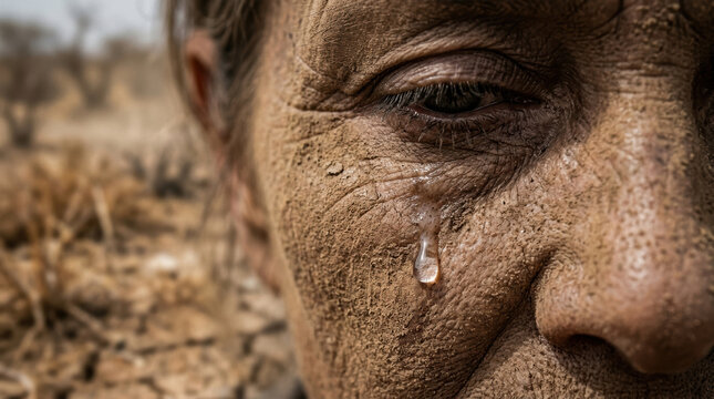 Close up of dry cracked face with tear drop highlights emotional impact of water scarcity in drought affected environment