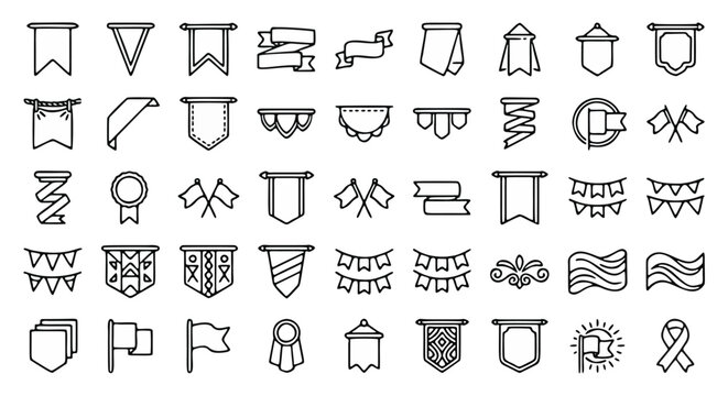Minimalist flag and banner line icons, set of 50 outline pennant and ribbon vector symbols, black and white heraldic shield and bunting graphics