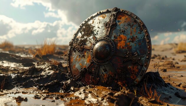 Ancient rusted viking shield lying in muddy terrain under a cloudy sky, evoking a sense of history and battle.