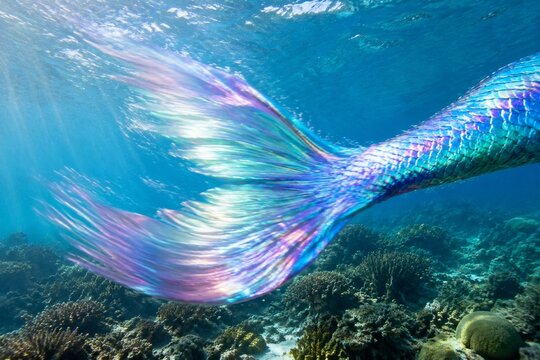 Shimmering iridescent fish tail moving through sunlit ocean water above a coral reef.