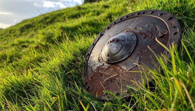 Ancient Rusted Viking Shield Resting in Dewy Green Grass on a Grassy Hillside