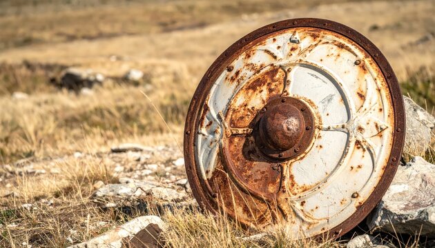 Ancient Rusted Viking Shield Resting on Rocky Ground with Dry Grass in a Field