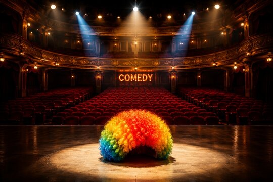 An empty comedy theater with velvet seats and a single oversized wig on stage.