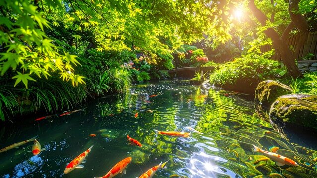 日本の伝統的な夏庭園の池で、緑豊かな青もみじと木漏れ日の下を優雅に泳ぐ美しい錦鯉の群れ。清涼感のある風景。
A school of beautiful colored koi fish swimming gracefully under lush green Japanese maple leaves and dappled sunlight in a traditional summer gar