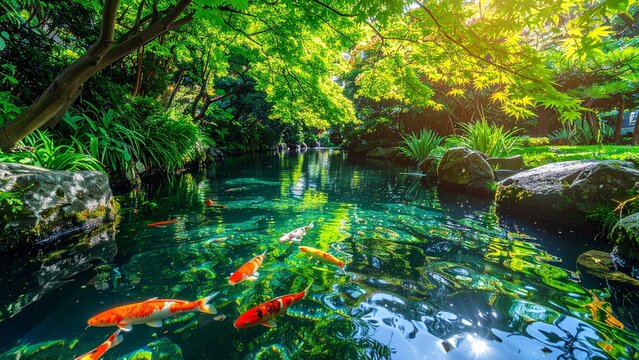 日本の伝統的な夏庭園の池で、緑豊かな青もみじと木漏れ日の下を優雅に泳ぐ美しい錦鯉の群れ。清涼感のある風景。
A school of beautiful colored koi fish swimming gracefully under lush green Japanese maple leaves and dappled sunlight in a traditional summer gar