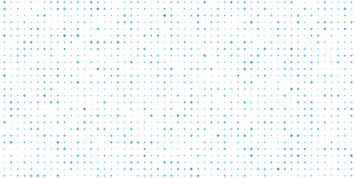 Abstract pattern of scattered blue, cyan, and teal diamonds of varying sizes arranged in a grid-like formation, isolated with a transparent background, creating a soft geometric dot matrix effect