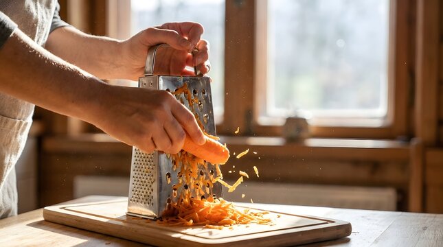 Person grating fresh organic carrot on metal box grater in bright kitchen.