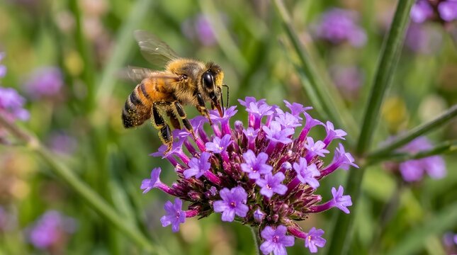 Macro view of honey bee collecting nectar from purple verbena flowers in garden.