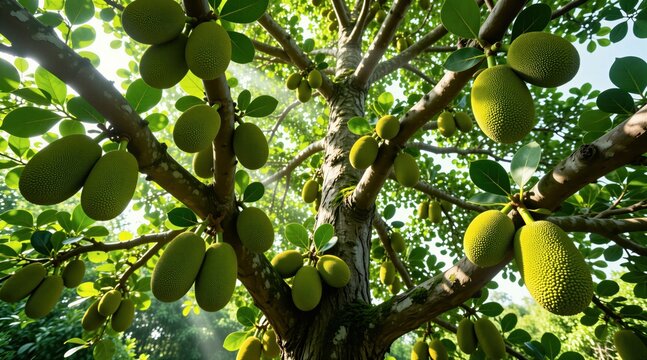 Low angle view of jackfruit tree with large green fruits hanging from branches. Tropical garden orchard under sunlight with rich leaves. Ripe food harvest growing in nature. Organic exotic plant