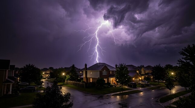 Dramatic thunderstorm with lightning strike over suburban neighborhood at night.
