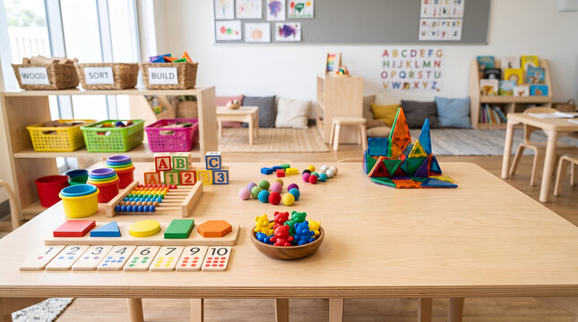 Various colorful educational math and counting toys, abacus, magnetic tiles, and blocks on a wooden table in a bright kindergarten classroom