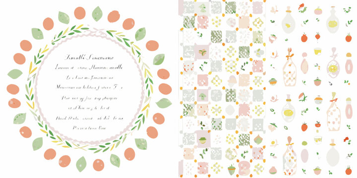 italian themed product labels with floral wreath and fruit bottles vector illustration pattern design food drink citrus lemons oranges herbs