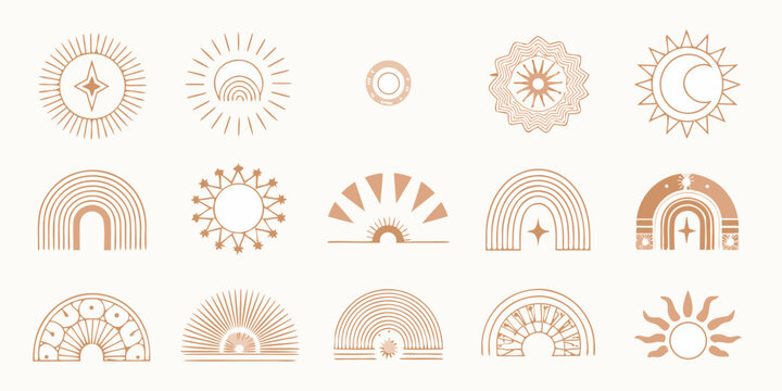 collection of bohemian style suns and rainbows on beige background pattern ornamental design graphic art illustration vector icon symbol nature