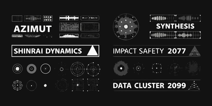 futuristic technology logos collection on black background badges azimut shinrai dynamics impact safety data cluster geometric shapes circles triangles lines
