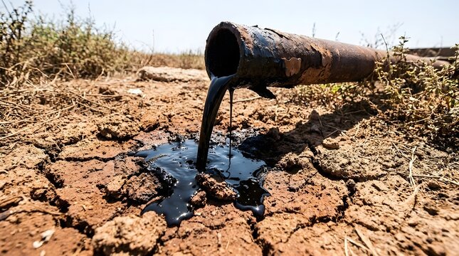 Dark crude oil leaking from rusty pipe onto cracked dry earth.