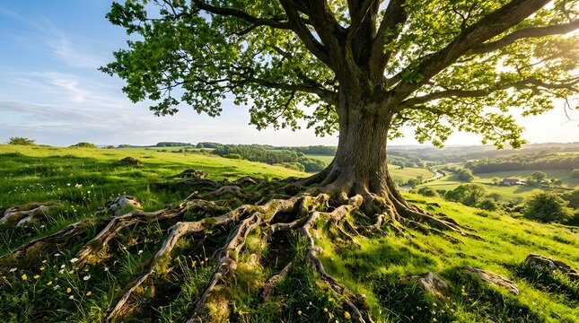 Majestic old oak tree with large exposed roots in green summer field.