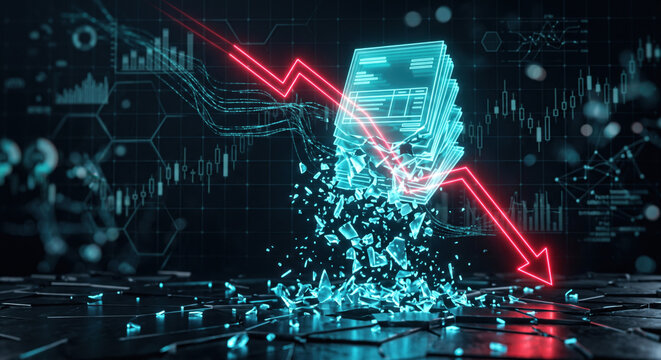 Shattered dollar stream: sales slump, churn; debt service due; interest expense rises, covenant breach risk.