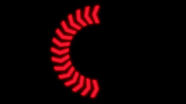 Neon glowing red chevron arrows moving in a circle on solid black background, abstract loop of digital circular loading progress indicator 4K