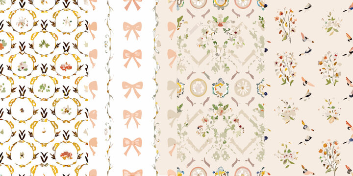 elegant vintage style floral cards with ornate frames and bows pattern vector illustration design decorative botanical flowers ribbons background artistic