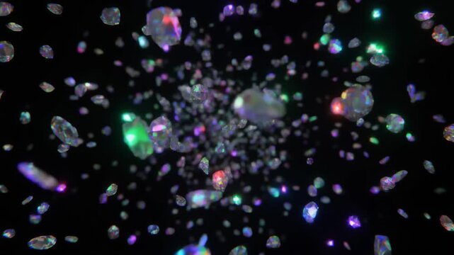 Ultra realistic opal gemstone fragments float through black space with emerald, sapphire, crimson and violet flashes, creating a premium luxury jewelry background with elegant cinematic copy space.