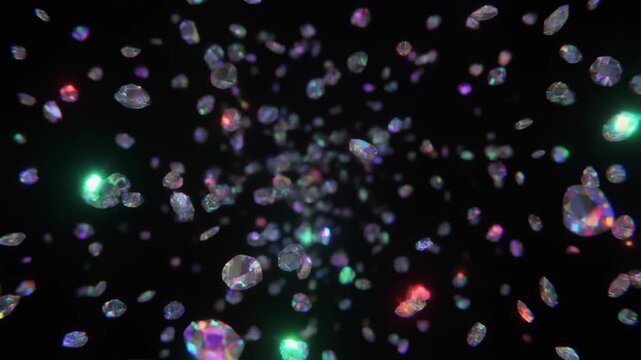 Ultra realistic opal gemstone fragments float through black space with emerald, sapphire, crimson and violet flashes, creating a premium luxury jewelry background with elegant cinematic copy space.