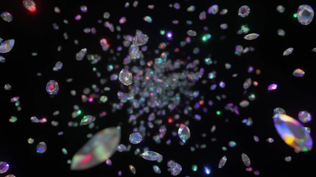 Ultra realistic opal gemstone fragments float through black space with emerald, sapphire, crimson and violet flashes, creating a premium luxury jewelry background with elegant cinematic copy space.