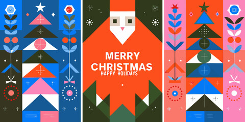 modern geometric christmas posters with abstract shapes and festive colors santa claus triangle patterns holiday design vector art seasonal greetings © Bithi