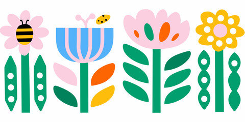 simplified flowers with bold colors geometric style petals leaves bee ladybug vector illustration flat design nature garden childish fun playful © Bithi