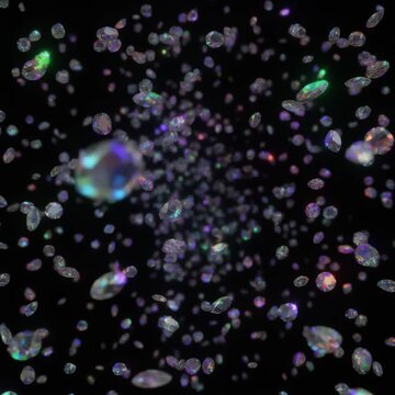 Ultra realistic opal gemstone fragments float through black space with emerald, sapphire, crimson and violet flashes, creating a premium luxury jewelry background with elegant cinematic copy space.