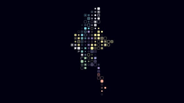 Myanmar animated country shape. Pulsating colored dots on the map of the country. Large size rounded square blocks. Digital style Myanmar map on dark background. Trending animation video.
