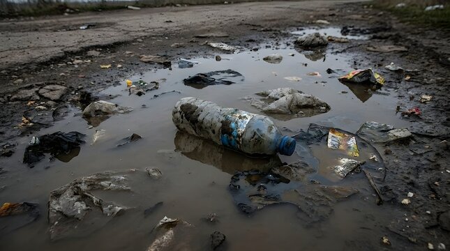 Discarded plastic bottle floating in dirty mud puddle on rural road.