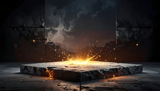 Dramatic fiery explosion on concrete platform.